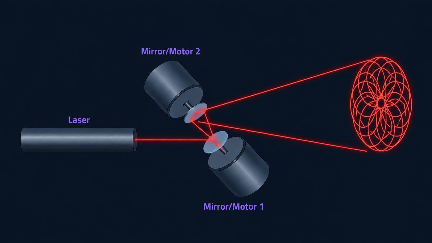 Schema des Laser Spirographen: Laser trifft auf zwei motorisierte Spiegel und erzeugt ein rosettenartiges Lichtmuster